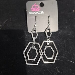 Paparazzi Silver Hexagon Earrings With Hematite Stones